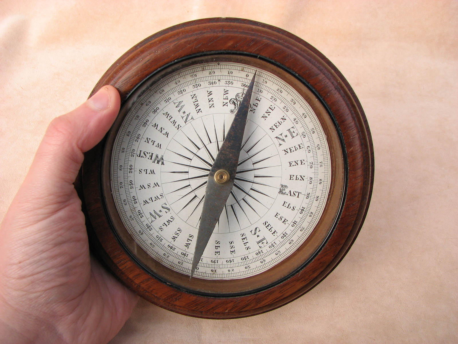 Francis Barker & Son mahogany desktop compass with Trademark London logo